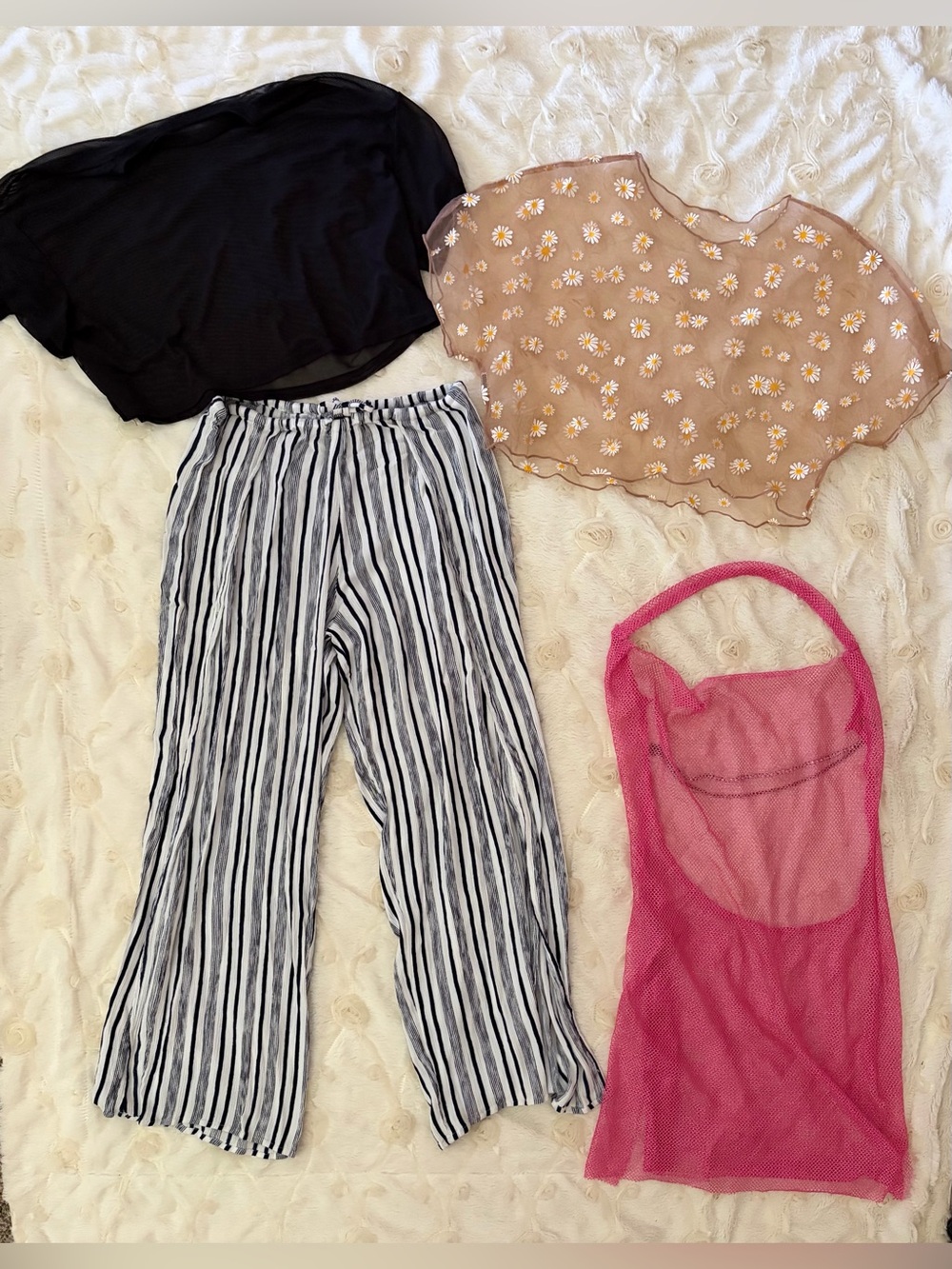SET of Women's Swimsuit Coverups Bundle - Black, Beige Daisy, Striped, Pink Mesh